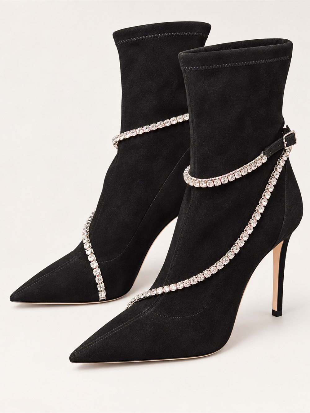 Jimmy Choo Talika STR 100 Oewa Black Suede Boot w/ crystal chain NEW